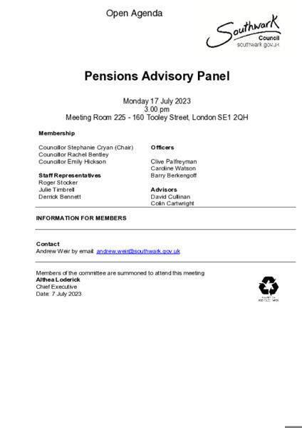 Pensions Advisory Panel Open Agenda 17 July 2023